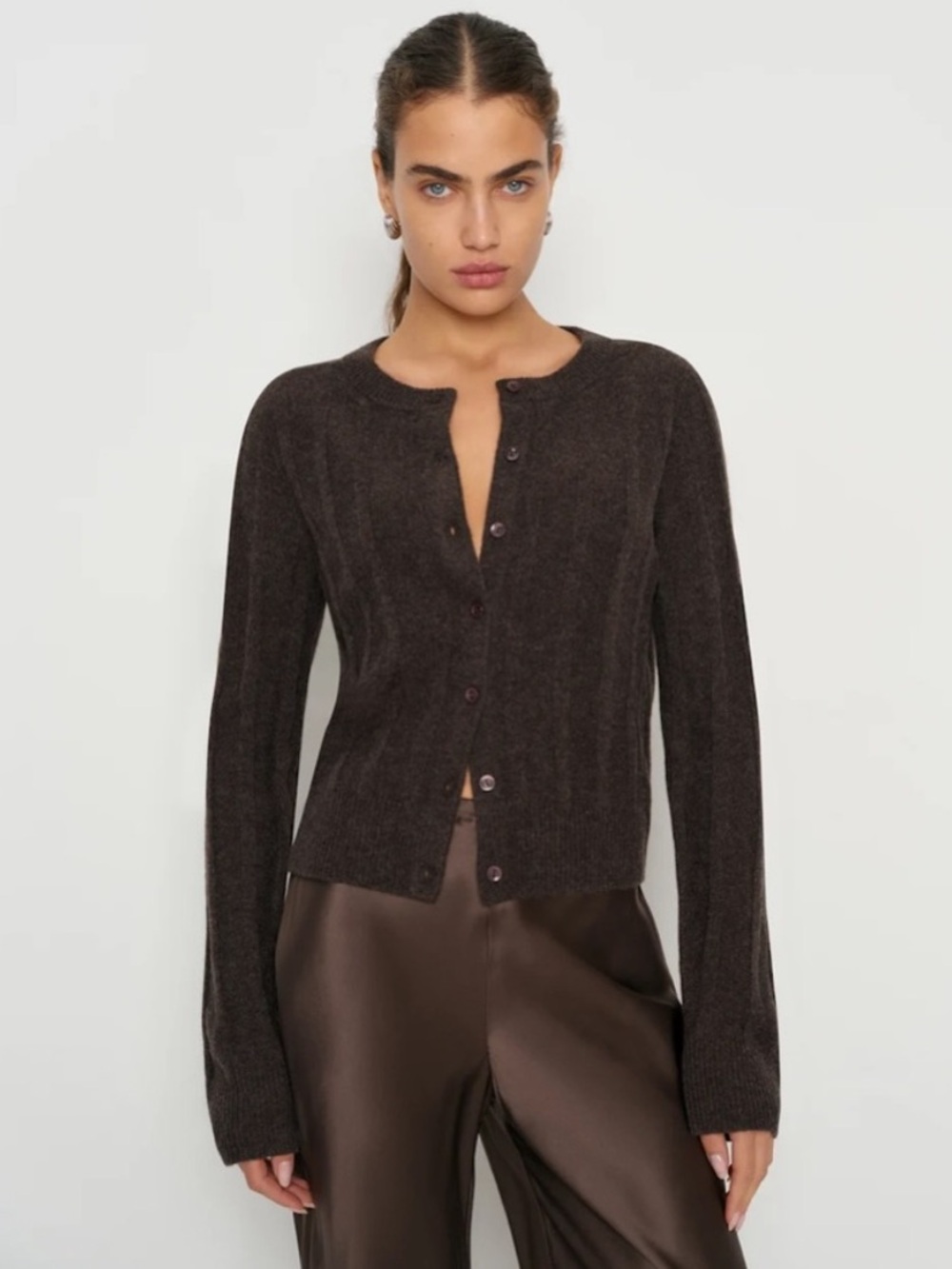 Reformation Hannah Crew Cardigan Wool Blend Espresso Small NWT